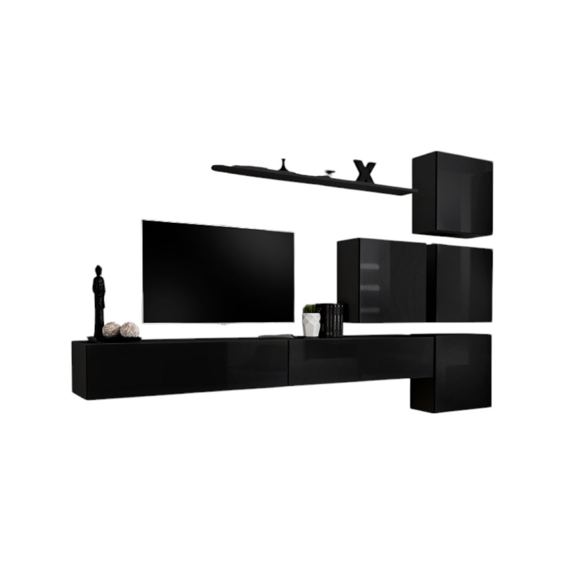 Ensemble meuble salon mural SWITCH IX design, coloris noir brillant.