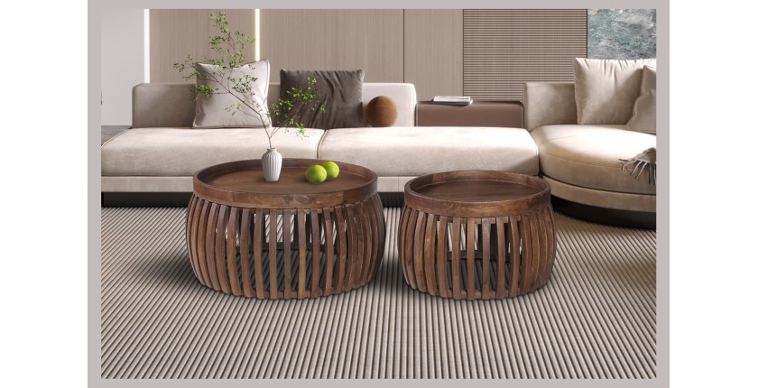 Conjunto de dos mesas bajas redondas de madera maciza colección MANGO