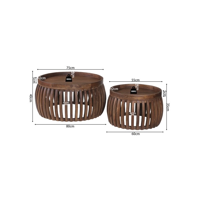 Set de dos mesas bajas redondas de madera maciza colección MANGO