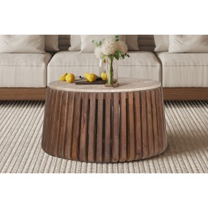 Table basse ronde en bois massif collection DELHI diamètre 70cm - Style ethnique et design