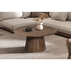 Tavolino basso rotondo in legno massiccio collezione JAKARTA - Stile etnico e design - Diametro 80 cm.