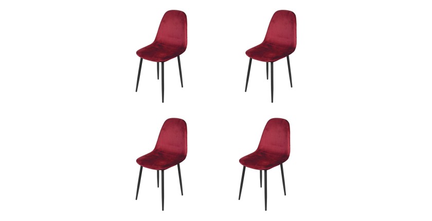 Lot de 4 chaises LOLY, assise et dossier en velours bordeaux, structure en métal noir