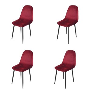 Set van 4 stoelen LOLY, zitting en rugleuning in bordeauxrood fluweel, structuur in zwart metaal.
