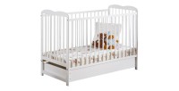 Lit bébé évolutif avec tiroir et matelas collection NOE réglable en hauteur. Coloris blanc mat.