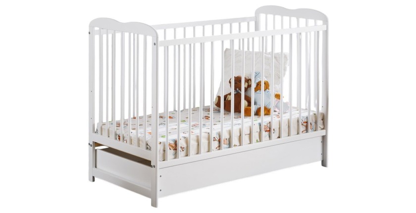 Lit bébé évolutif avec tiroir et matelas collection NOE réglable en hauteur. Coloris blanc mat.