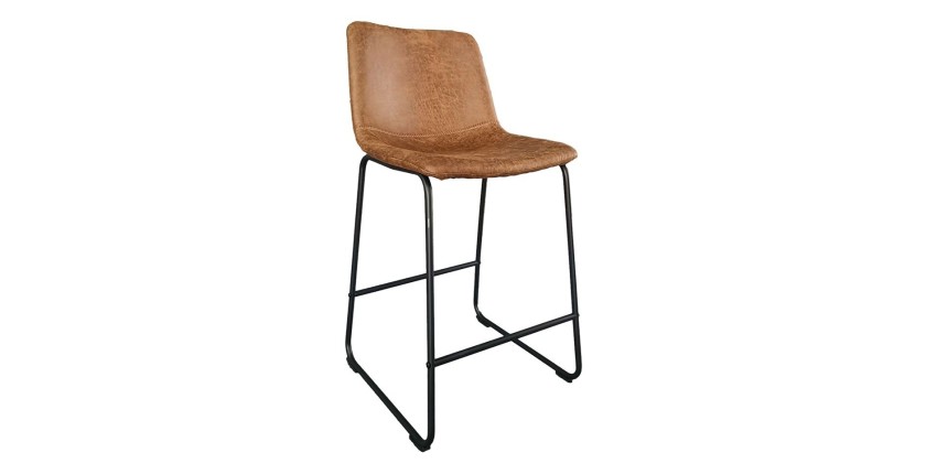 Chaise de comptoir MANCO – PU cognac – Pieds en métal – Hauteur 93 cm – Style vintage