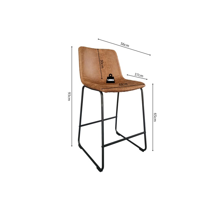 Chaise de comptoir MANCO – PU cognac – Pieds en métal – Hauteur 93 cm – Style vintage