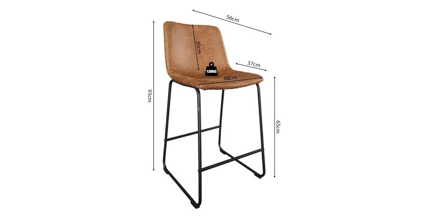 Chaise de comptoir MANCO – PU cognac – Pieds en métal – Hauteur 93 cm – Style vintage