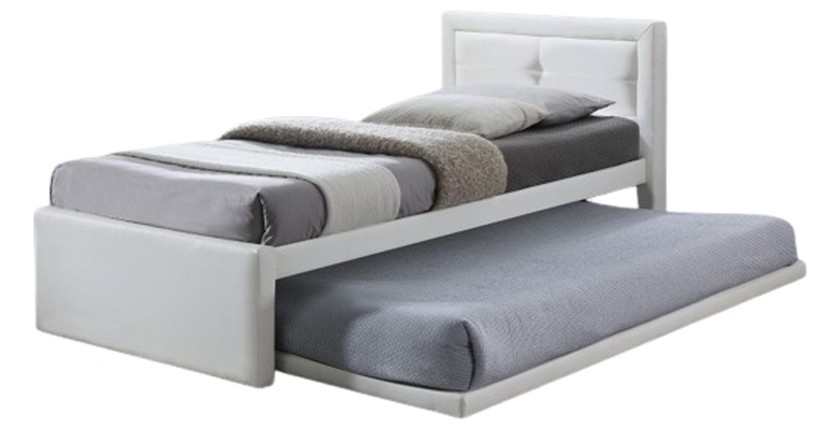 Lit avec tiroir-lit RODAN – 90x200 cm – Similicuir blanc – Sommier inclus – Style moderne