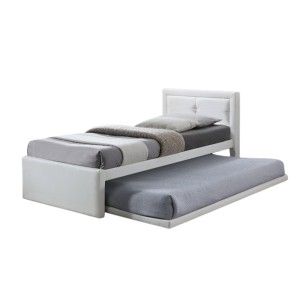 Lit avec tiroir-lit RODAN – 90x200 cm – Similicuir blanc – Sommier inclus – Style moderne