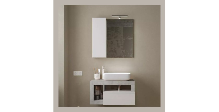 Espejo de diseño con almacenamiento, 78x75 cm, colección BURA, color blanco brillante y hormigón