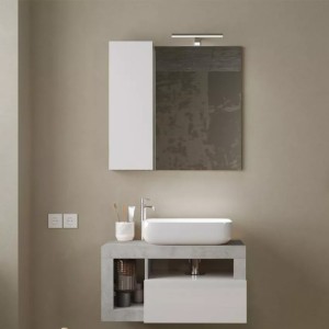 Espejo de diseño con almacenamiento, 78x75 cm, colección BURA, color blanco brillante y hormigón