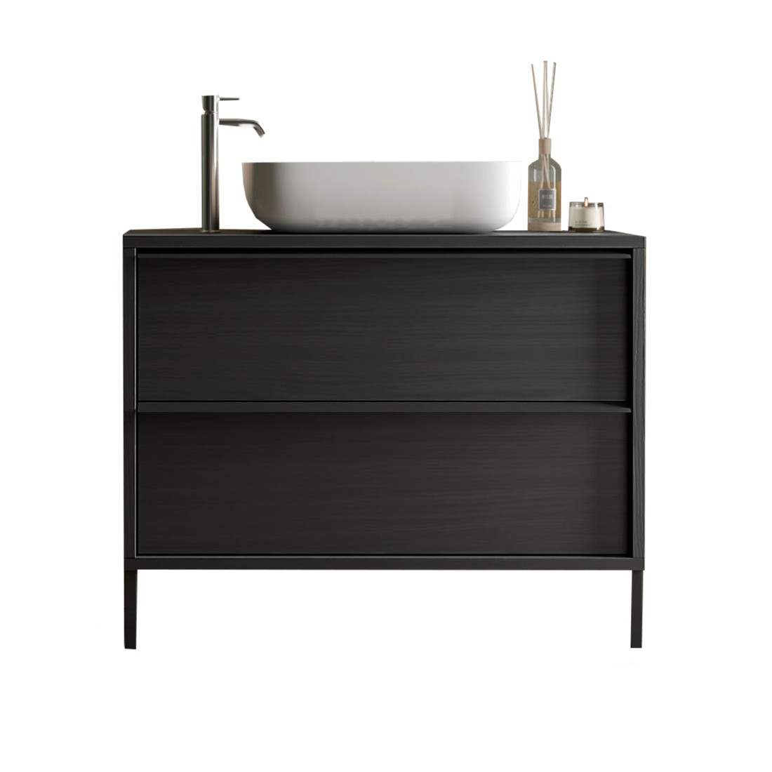 Meuble de salle de bain avec évier et 2 tiroirs, collection FRASSI. Coloris noir cendré