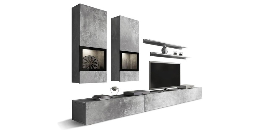 Ensemble meubles de salon design collection RAMOS. Coloris gris effet béton. LED intégrées.