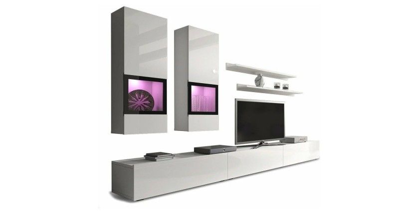 Ensemble meubles de salon design collection RAMOS. Coloris blanc brillant. LED intégrées.