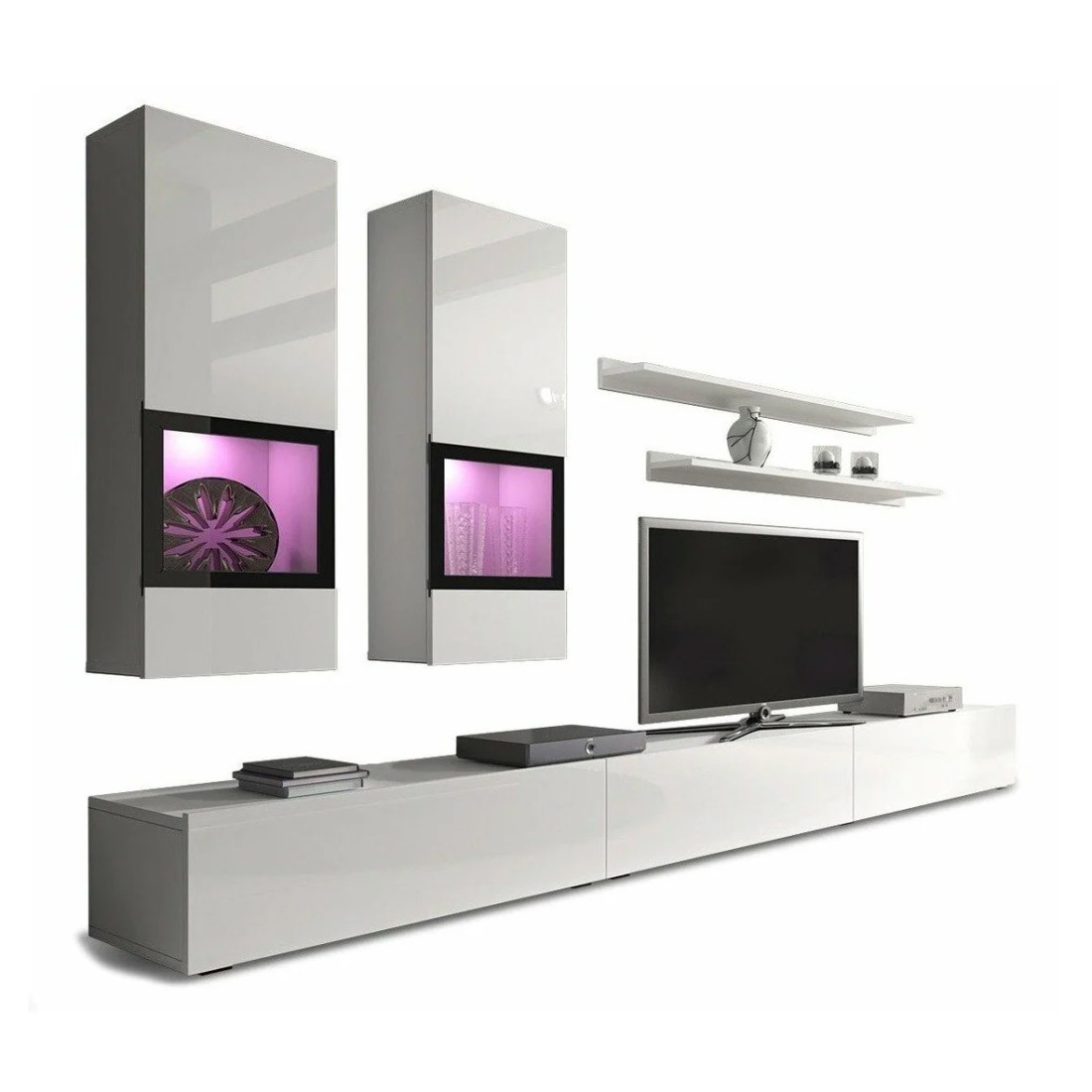 Ensemble meubles de salon design collection RAMOS. Coloris blanc brillant. LED intégrées.