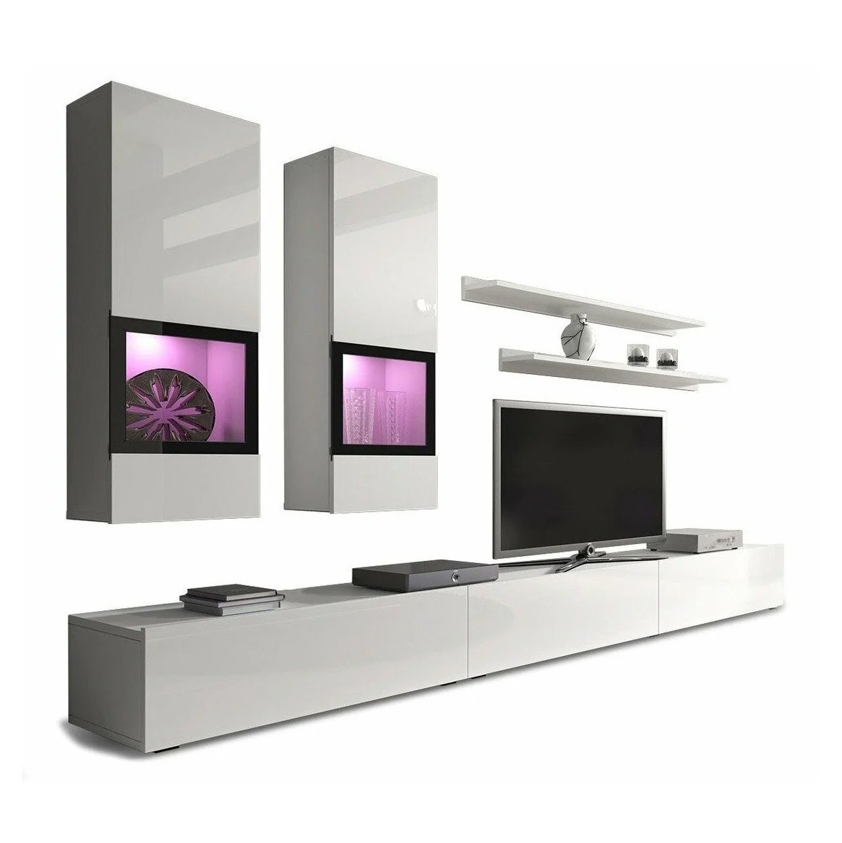 Ensemble meubles de salon design collection RAMOS. Coloris blanc brillant. LED intégrées.