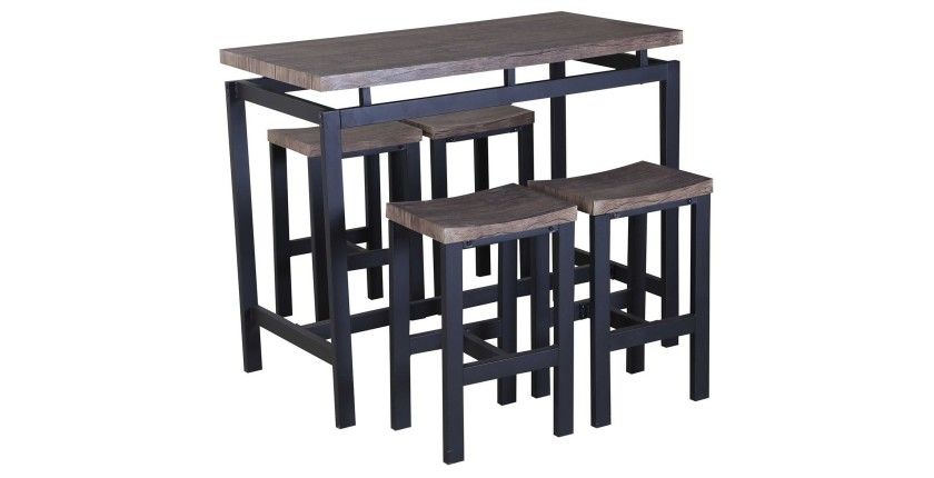 Ensemble table haute, bar + 4 tabourets NIMES. Set moderne type industriel, bois et métal.