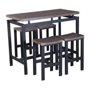 Ensemble table haute, bar + 4 tabourets NIMES. Set moderne type industriel, bois et métal.
