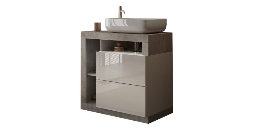 Meuble de salle de bain BURA – 79 cm – Blanc brillant et béton – Vasque incluse – 2 tiroirs