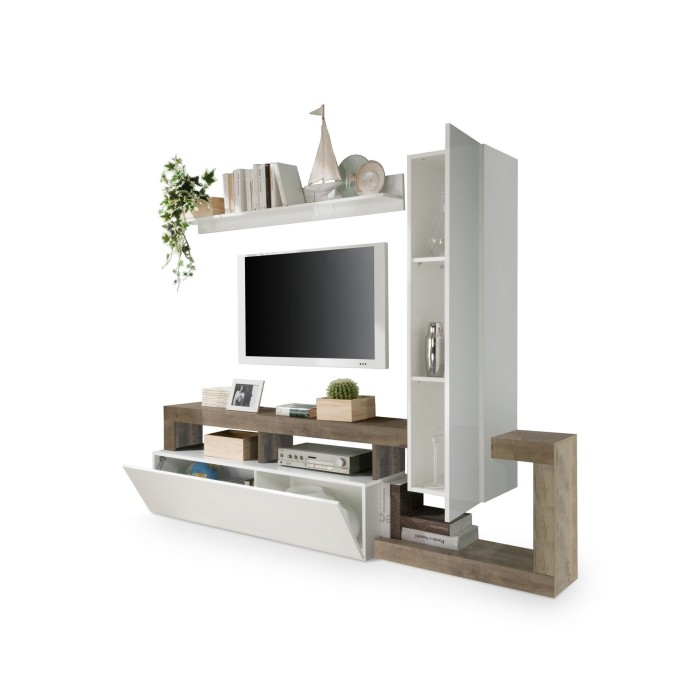 Conjunto de muebles de salón con almacenamiento, colección BURA, longitud 219 cm, blanco lacado/roble cadiz