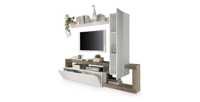 Ensemble meubles salon avec rangements, collection BURA, longueur 219 cm, blanc laqué/chêne cadiz
