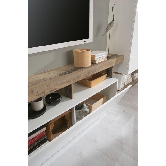 Conjunto de muebles de salón con almacenamiento, colección BURA, longitud 219 cm, blanco lacado/roble cadiz