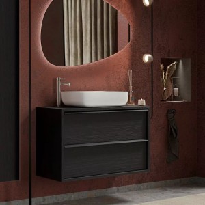 Meuble de salle de bain suspendu FRASSI – 92 cm – Noir cendré – Évier inclus – 2 tiroirs