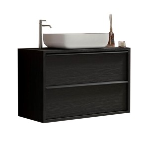 Meuble de salle de bain suspendu FRASSI – 92 cm – Noir cendré – Évier inclus – 2 tiroirs
