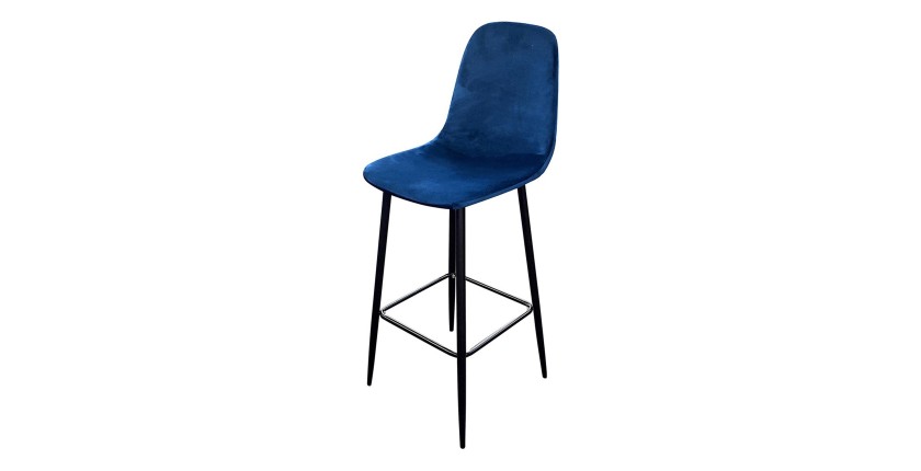 Lote de 4 taburetes LOLY, asiento y respaldo de terciopelo azul, estructura de metal negro.