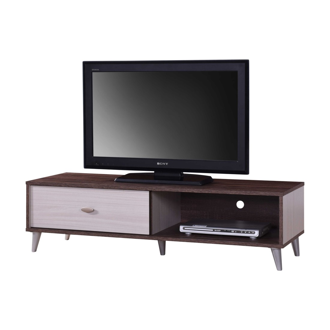 TV-Möbel BODRUM 120 cm mit einer Schiebetür in Walnussfarbe und Weiß.