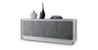 Buffet 4 portes en bois, collection FALL, coloris blanc brillant laqué et gris aspect béton