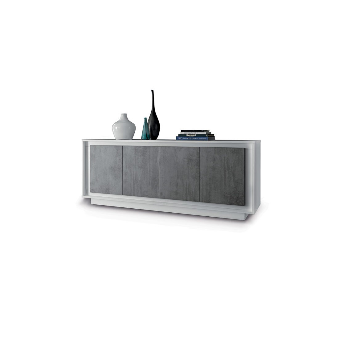 Buffet 4 portes en bois, collection FALL, coloris blanc brillant laqué et gris aspect béton