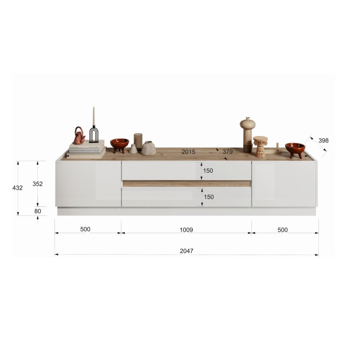 Meubel TV 205cm collectie FANZY. Kleur glanzend wit en licht eiken, ideaal voor een design woonkamer