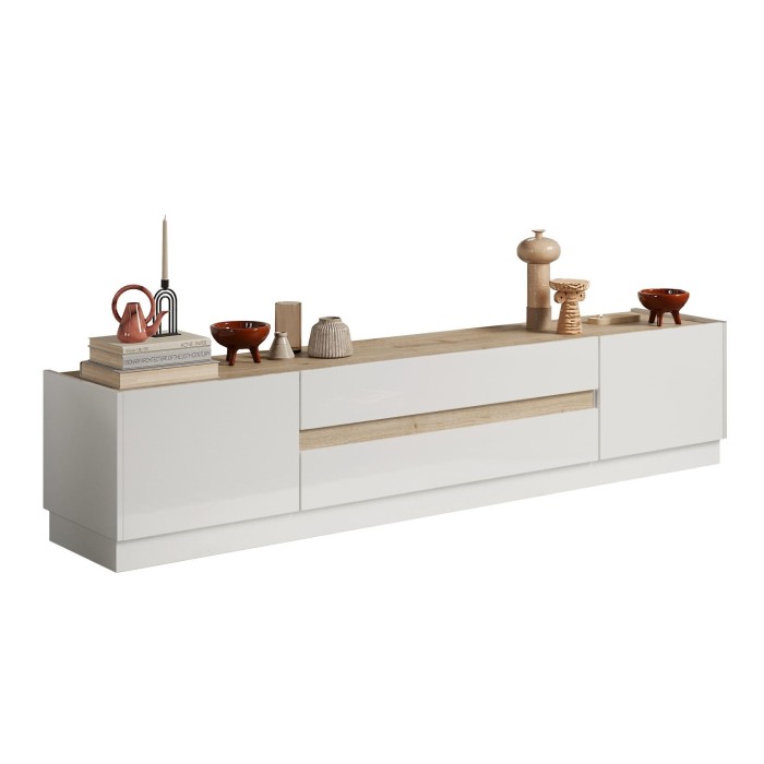 Meubel TV 205cm collectie FANZY. Kleur glanzend wit en licht eiken, ideaal voor een design woonkamer