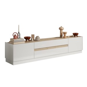 TV-Möbel 205cm, Kollektion FANZY. Farbe: Hochglanz Weiß und helles Eichenholz, ideal für ein modernes Wohnzimmer.