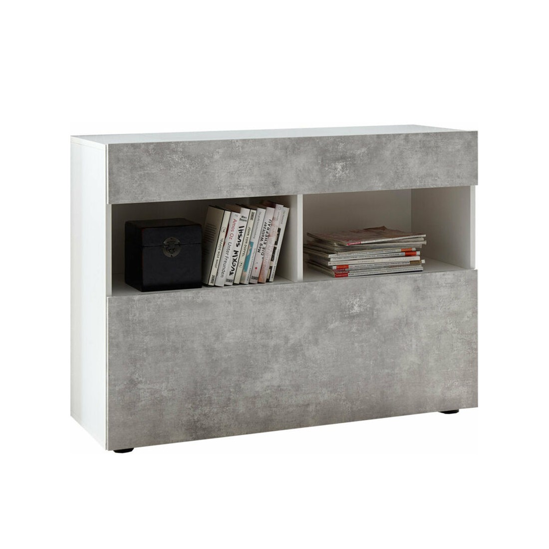 Buffet 1 tiroir et 1 porte abattante, collection SULTANO, coloris blanc effet béton, idéal pour votre salon