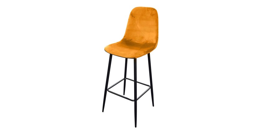 Lot de 4 tabourets LOLY, assise et dossier en velours jaune, structure en métal noir