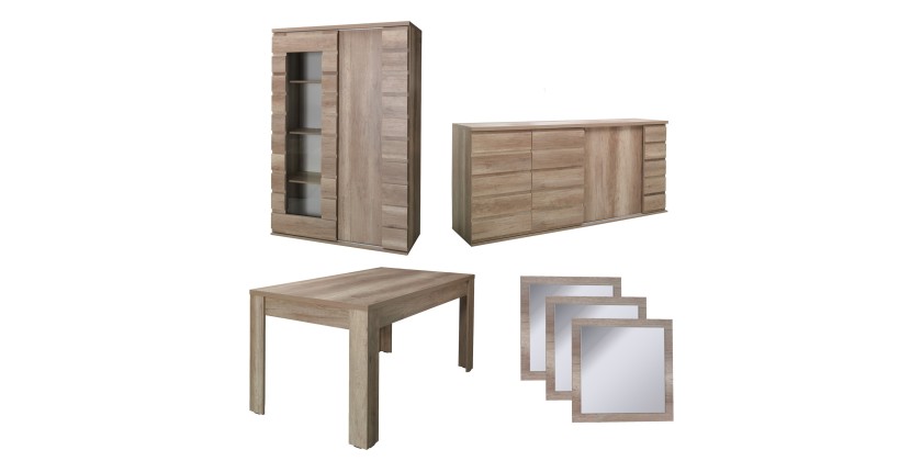 Ensemble salle à manger ROMI – Buffet, vaisselier, table 160 cm, miroirs – Chêne dab canyon