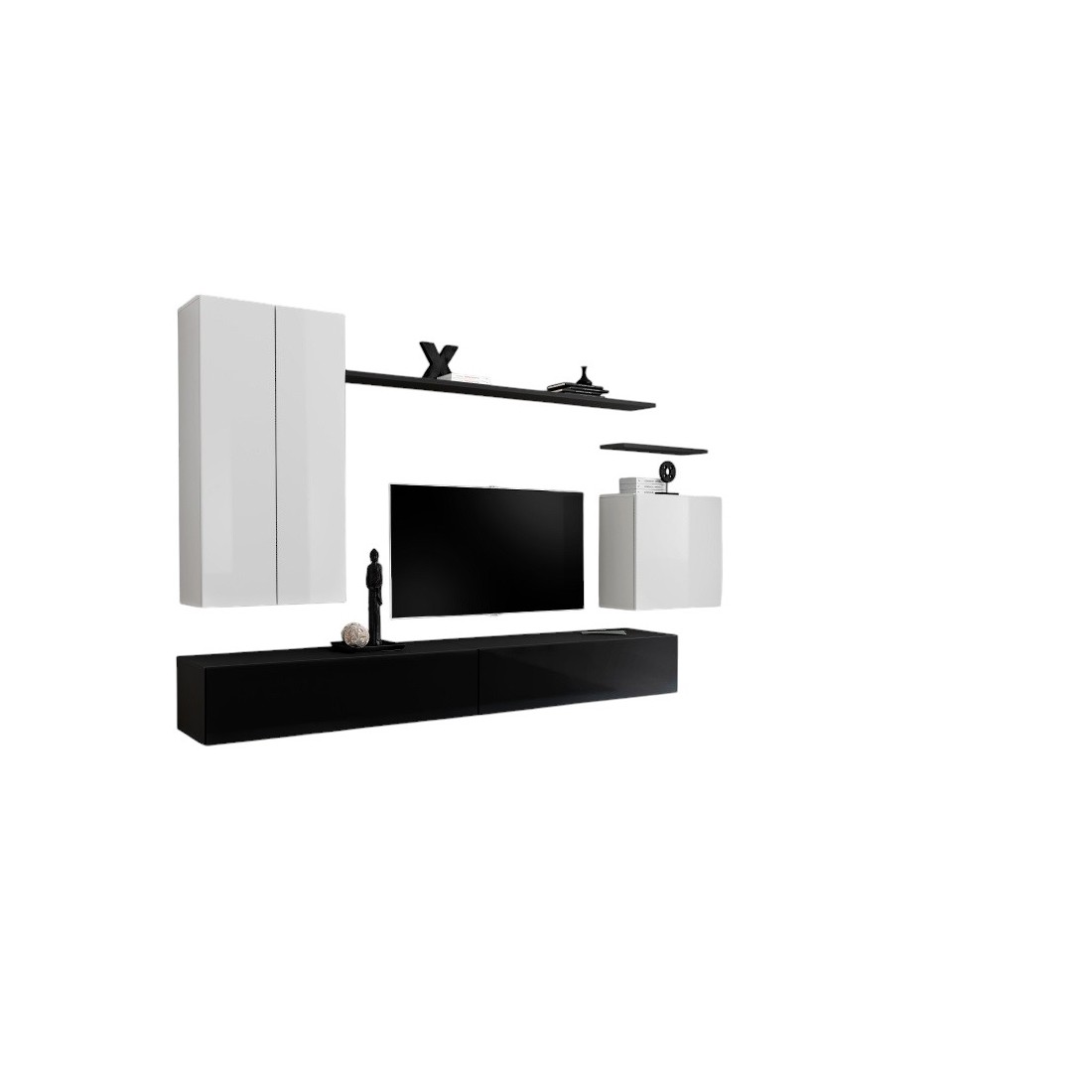 Ensemble meuble salon collection SWITCH II design, coloris blanc et noir brillant.