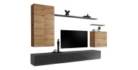 Ensemble meuble salon SWITCH II design, coloris chêne Wotan et gris brillant.