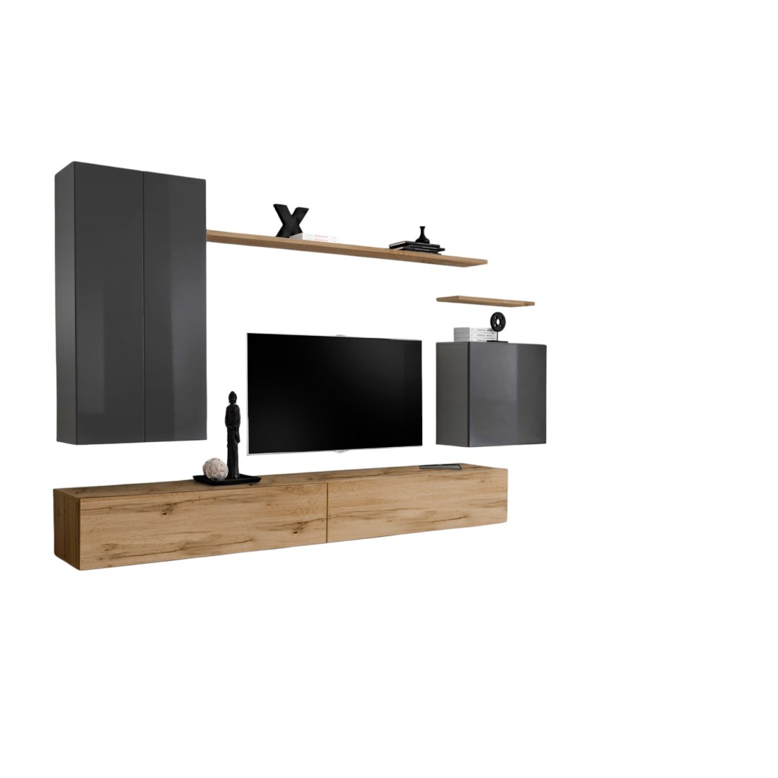 Woonkamer meubelset collectie SWITCH II design, in grijs en Wotan eiken kleur.