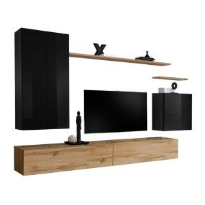 Ensemble de meubles de salon collection SWITCH II design, coloris noir brillant et chêne Wotan.