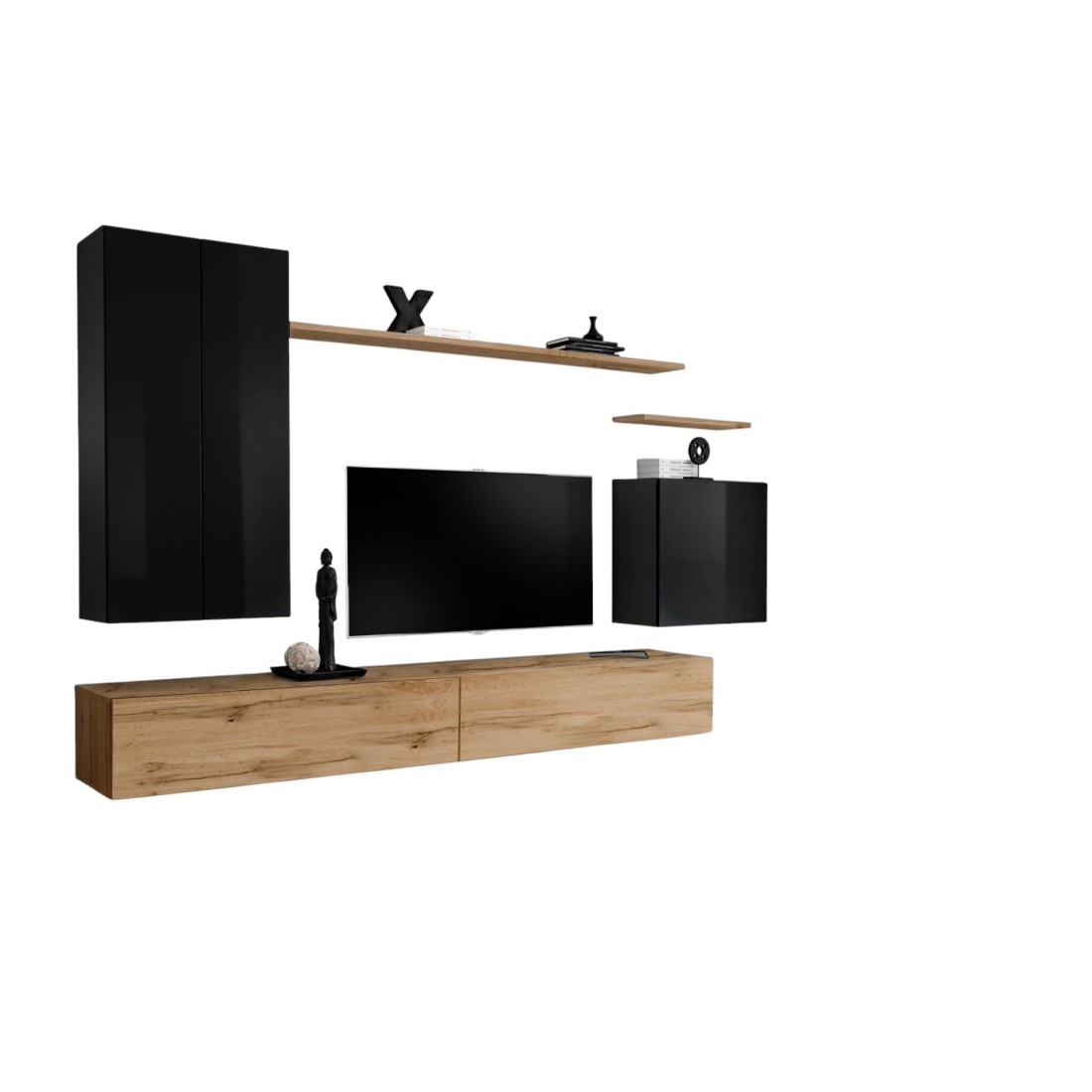 Ensemble de meubles de salon collection SWITCH II design, coloris noir brillant et chêne Wotan.