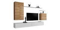 Ensemble meuble salon SWITCH II design, coloris chêne Wotan et blanc brillant.