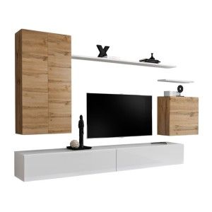 Ensemble meuble salon SWITCH II design, coloris chêne Wotan et blanc brillant.