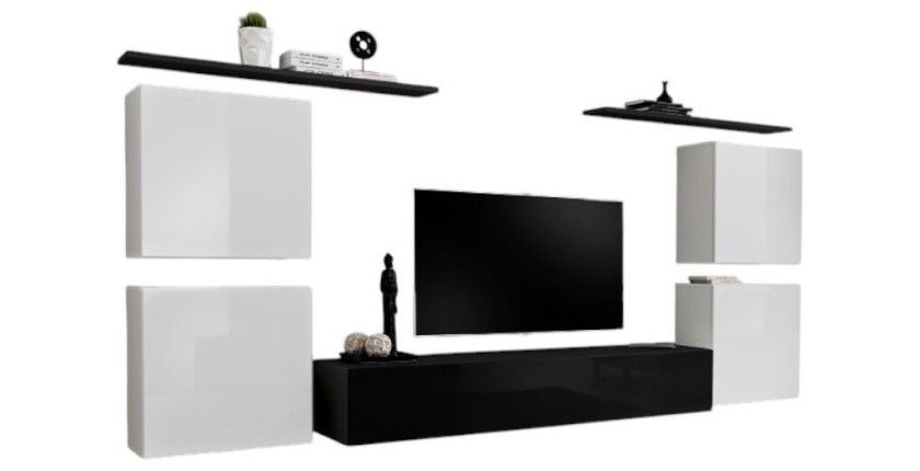 Ensemble meuble salon SWITCH IV design, coloris noir et blanc brillant.