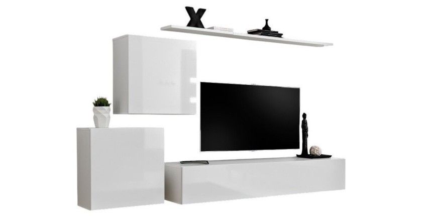 Ensemble meuble salon mural SWITCH V design, coloris blanc brillant.