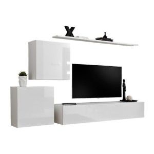 Ensemble meuble salon mural SWITCH V design, coloris blanc brillant.