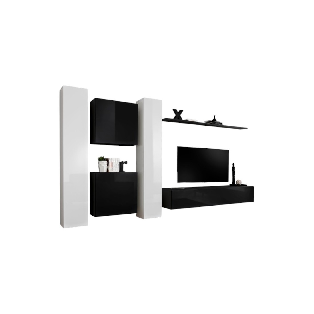 Ensemble meuble salon SWITCH VI design, coloris noir et blanc brillant.